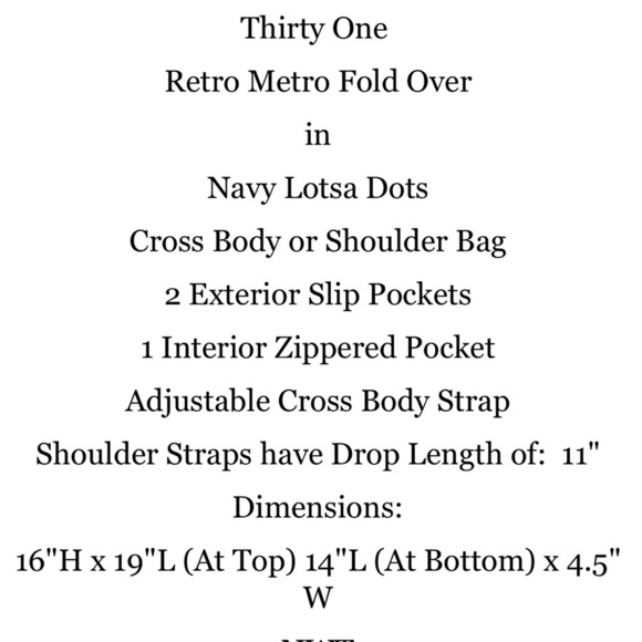 Thirty One Retro Metro Fold Over Tote Navy Lotsa Dots NNP - Picture 11 of 12